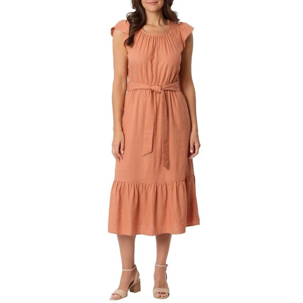 Briggs Women's Flutter Sleeve Linen Blend Midi SunDress Rust Size XXL
